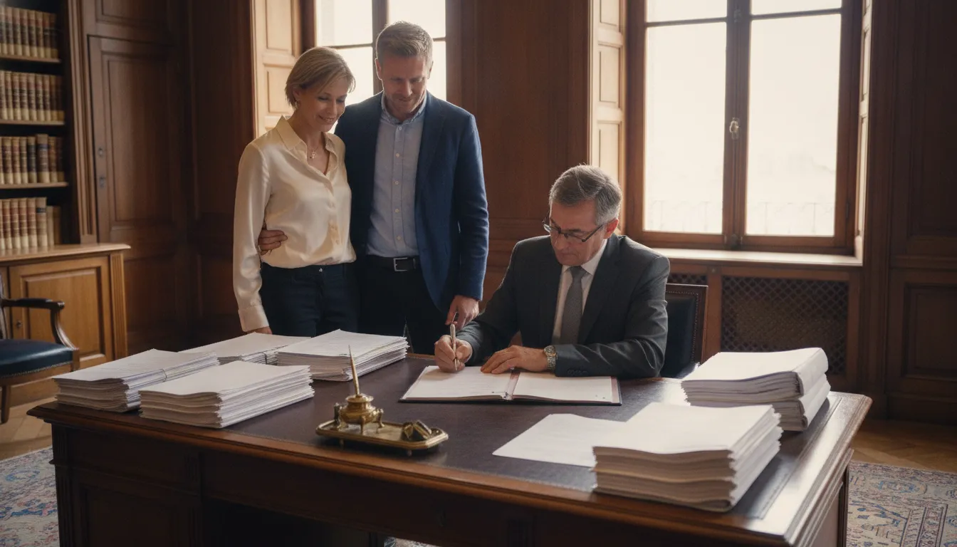 A French notary signing property transfer documents with a pen at a desk, observed by a couple.