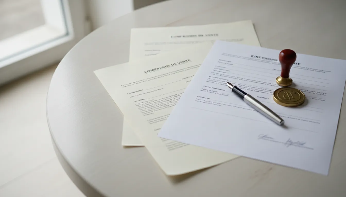 Close-up of French property transfer documents like compromis de vente and acte de vente on a table.