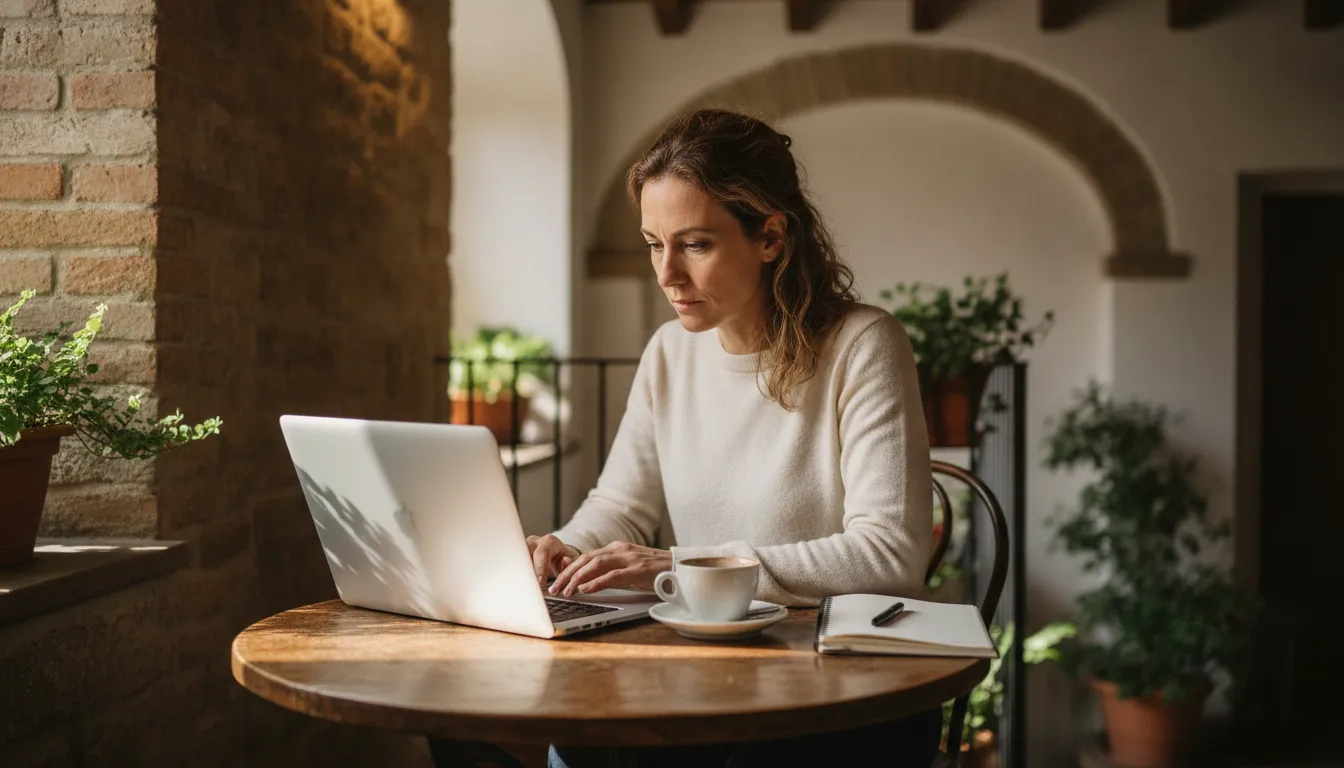 A person working remotely on a laptop in an Italian cafe