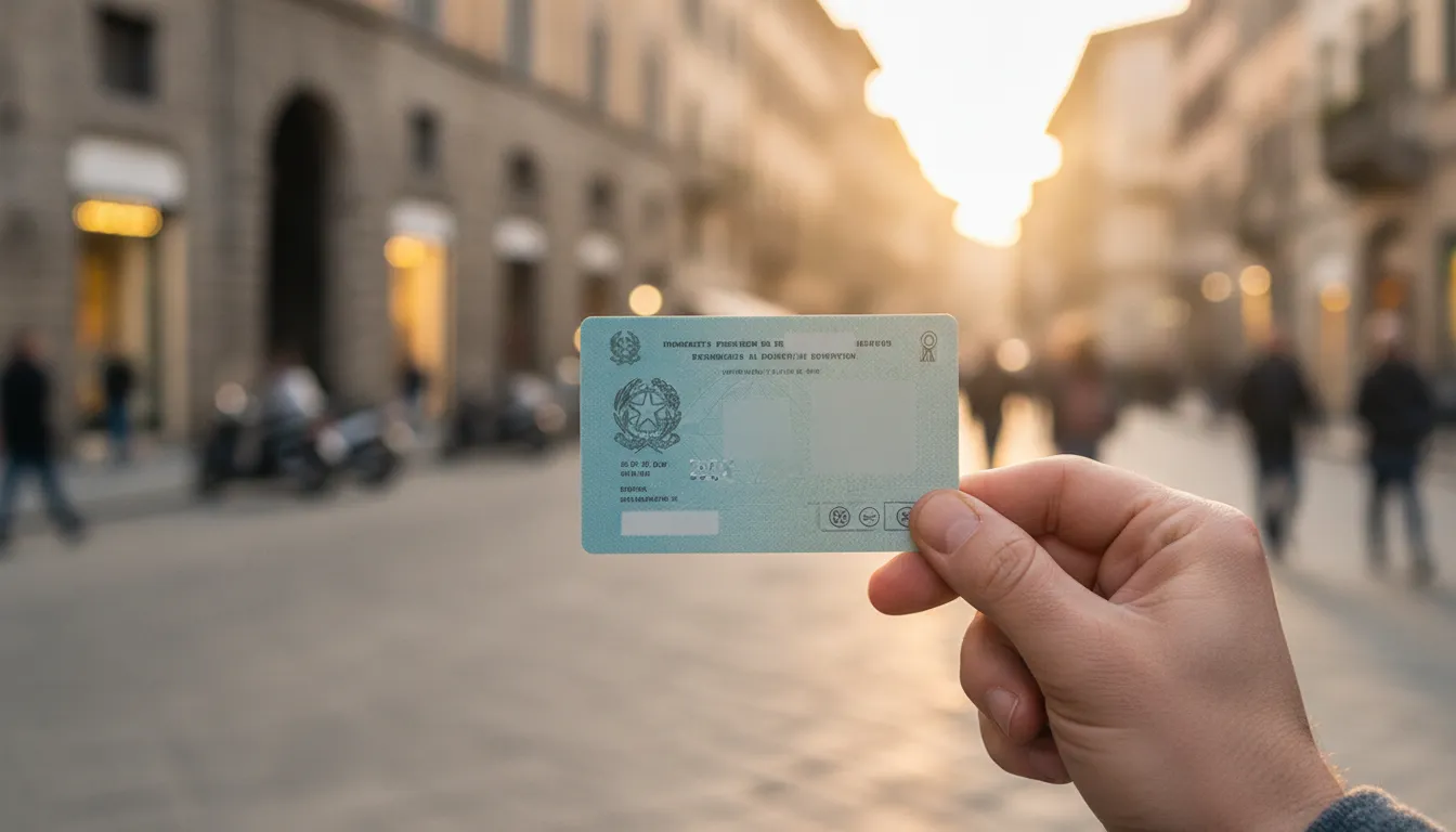 A hand holding an Italian residence permit card