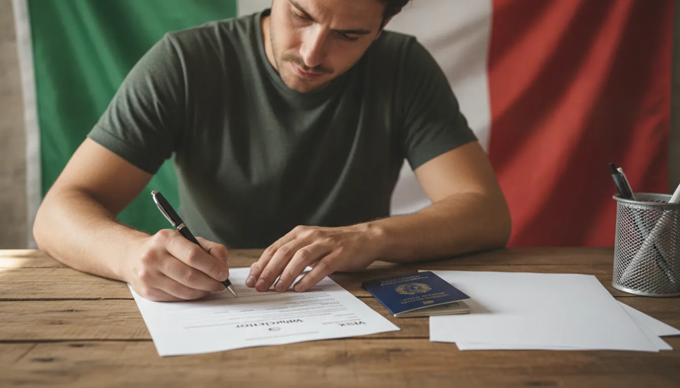 A person completing visa application forms for Italy