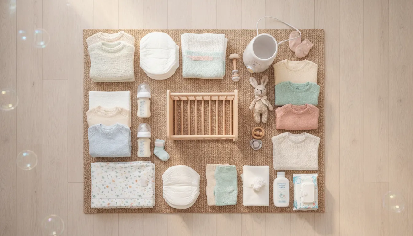Arrangement of essential baby items including nappies, clothes, and a cot.