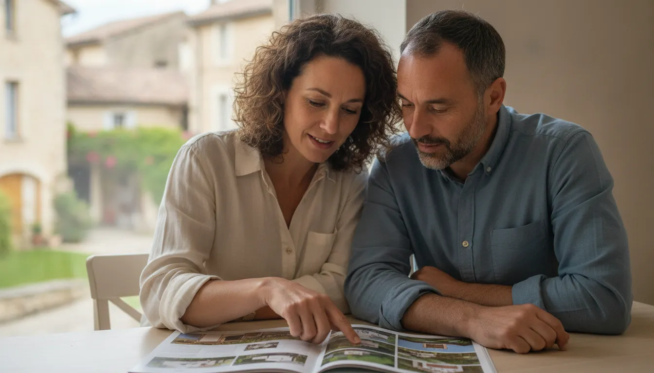 People reading a guide on buying property in France