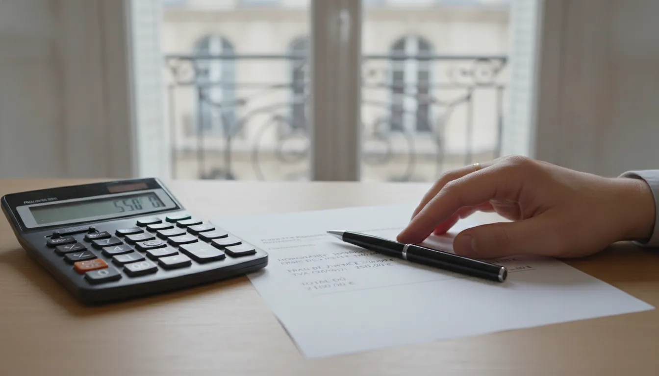Calculator and document showing solicitor and notaire fees for property in France