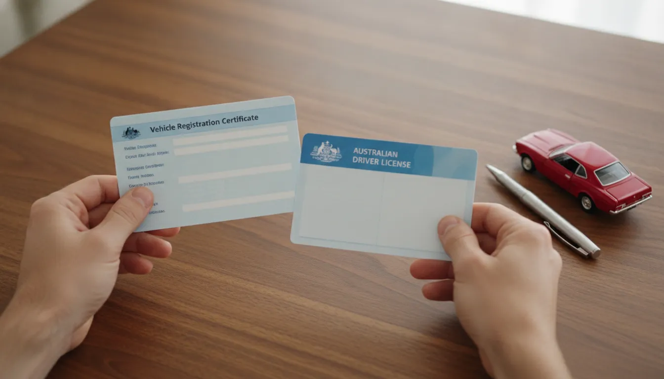 Hands holding car registration papers and an Australian driver’s license