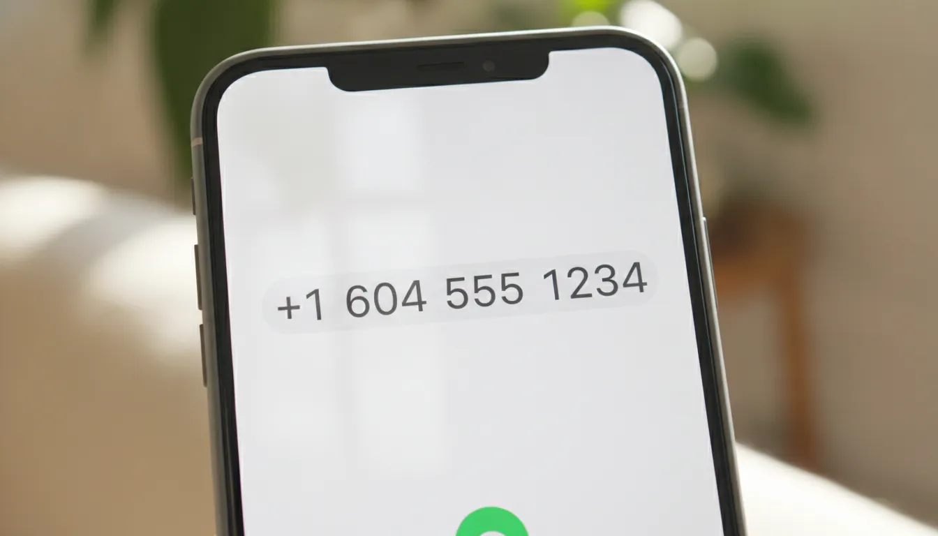 A smartphone showing a Canadian phone number with the +1 country code and area code.