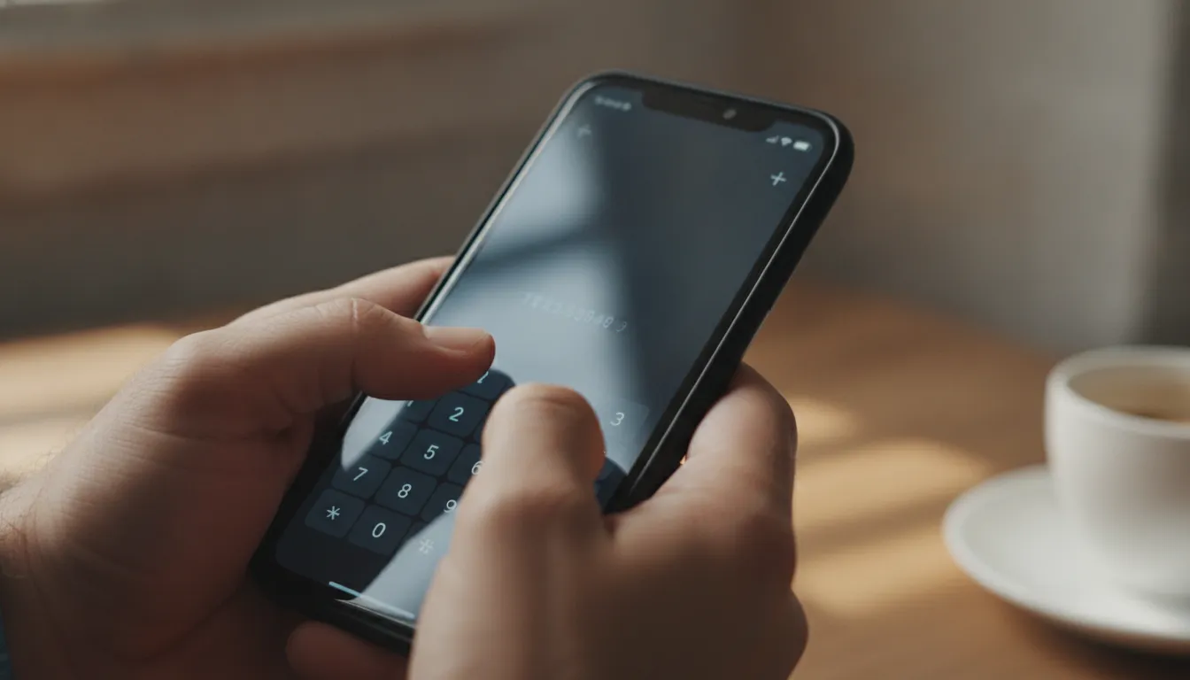 A hand pressing the zero key on a smartphone to reveal the plus symbol for international dialing.