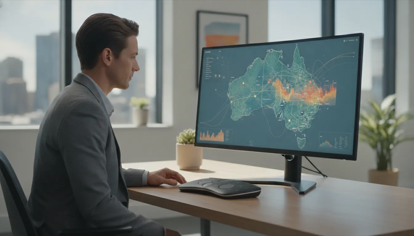 Digital interface displaying property records and a map of Australia.