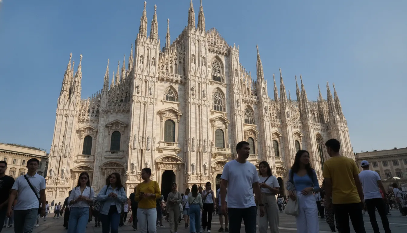 Close-up of the ornate Milan Cathedral with tourists