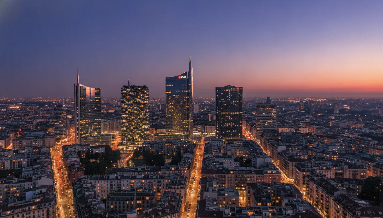 Milan’s modern skyline with skyscrapers at sunset