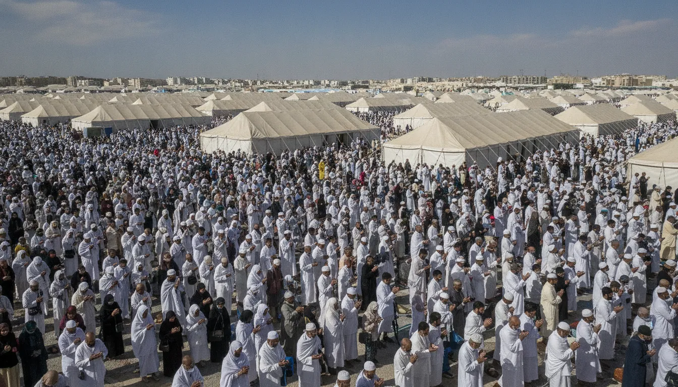 A large, diverse crowd of pilgrims walking in Mina during the Hajj, with white tents in the background.