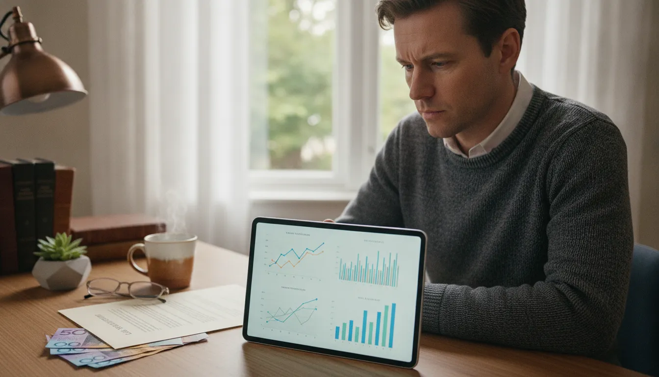 Person reviewing financial documents and Australian currency, representing an inheritance.