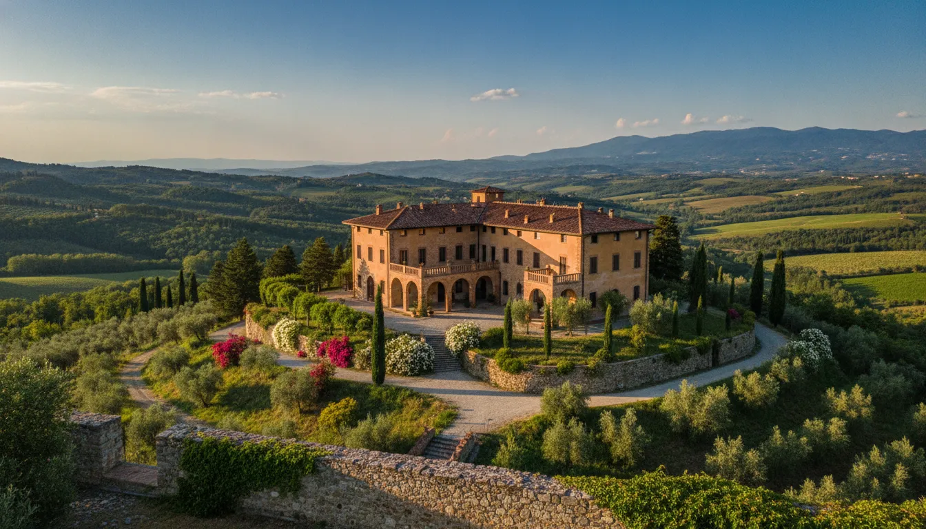 Photo of a large, traditional Italian villa in the countryside.