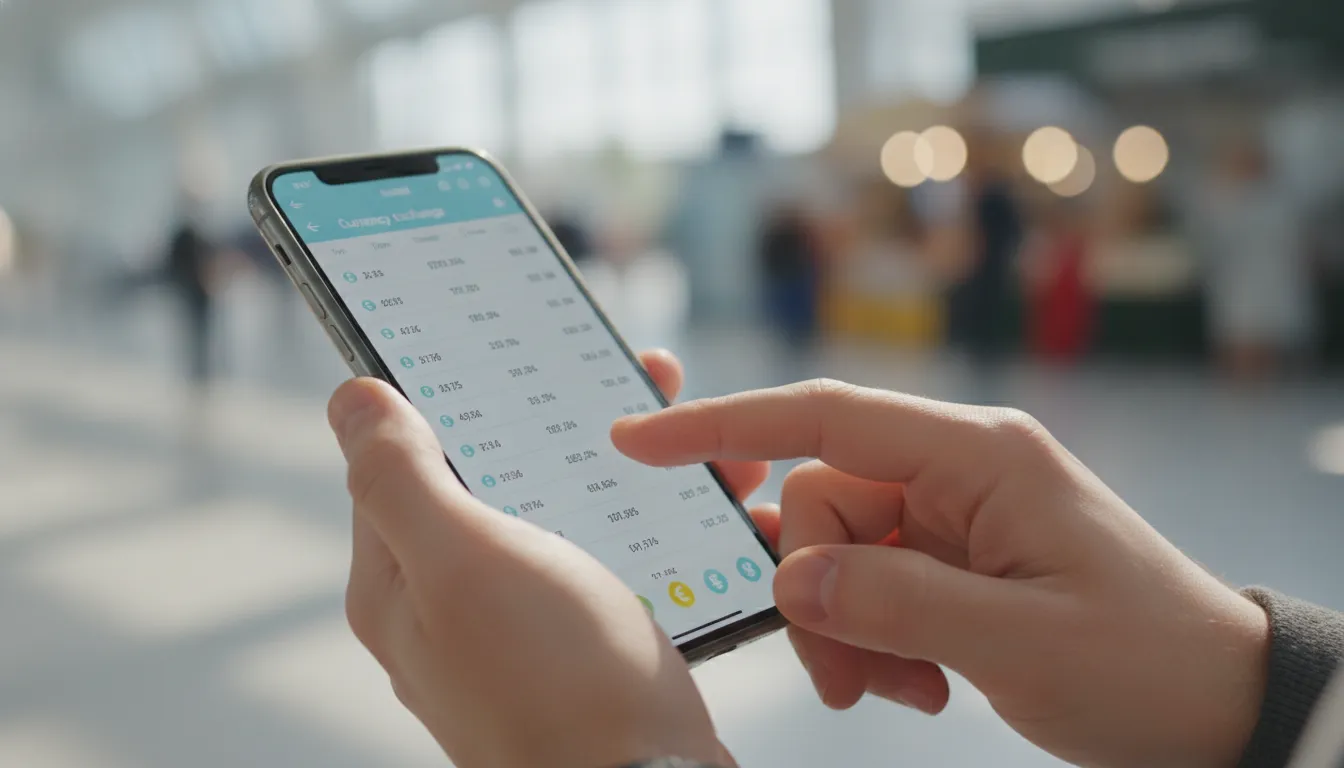 Hands holding a smartphone showing a currency conversion app with various exchange rates.
