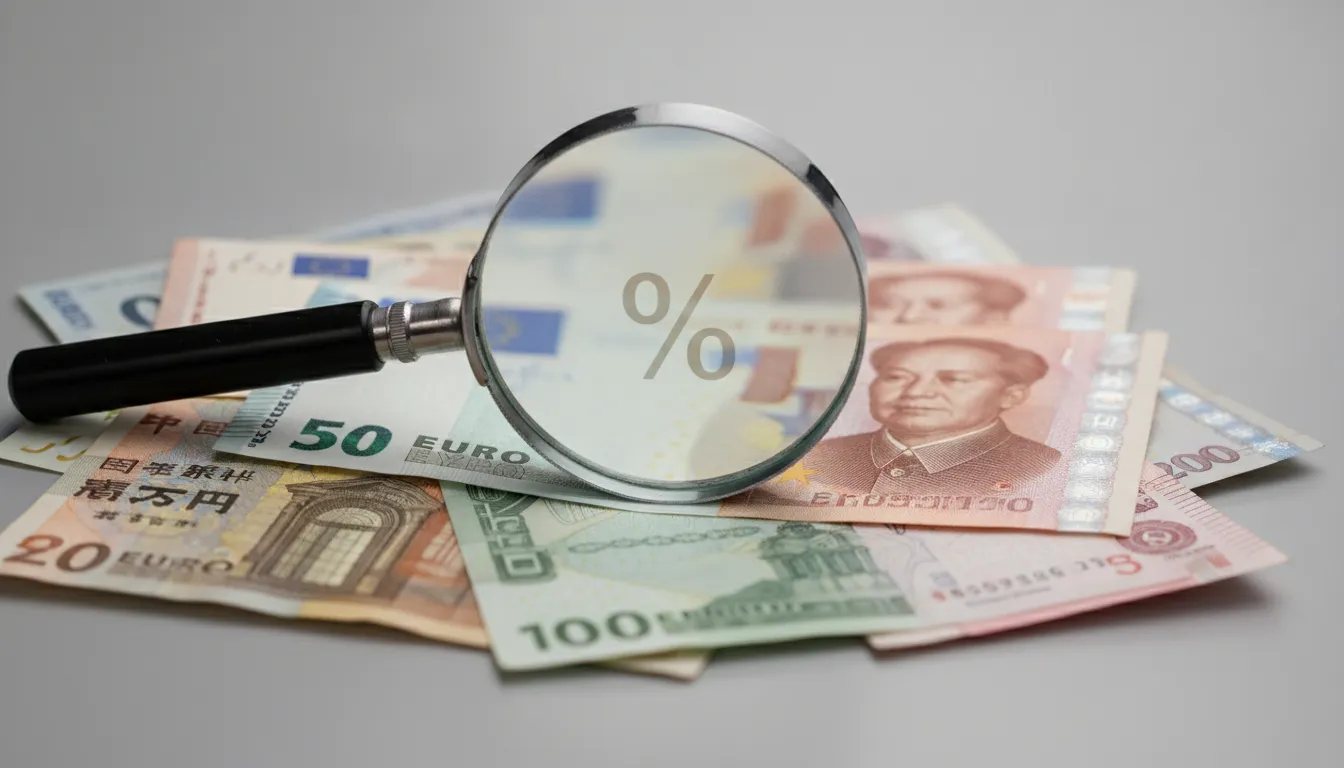 Stack of different international banknotes with a magnifying glass showing fee icons, representing foreign transaction fees.