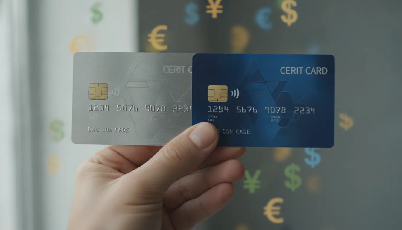 A Mastercard and a Visa card held next to each other, illustrating a comparison of exchange rates.