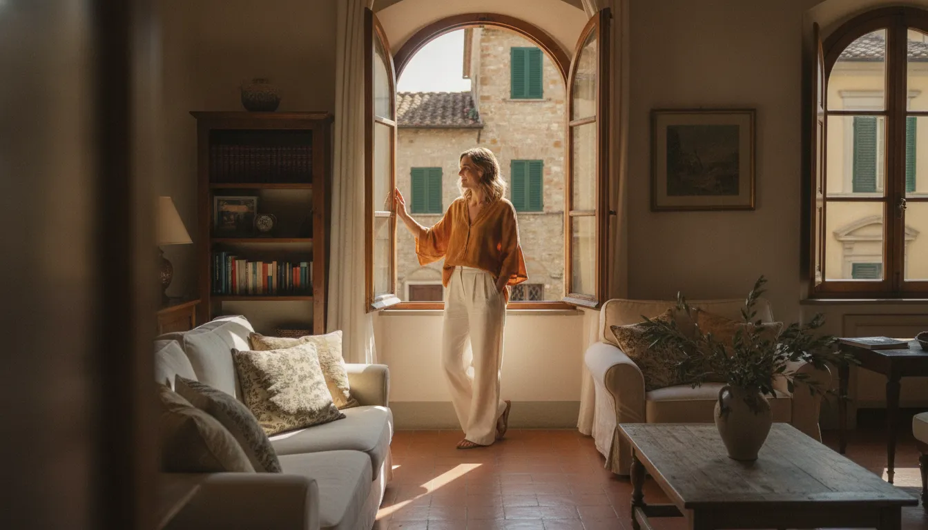 A comfortable living room in an Italian apartment, featuring a sofa, a small table, and a window with natural light.