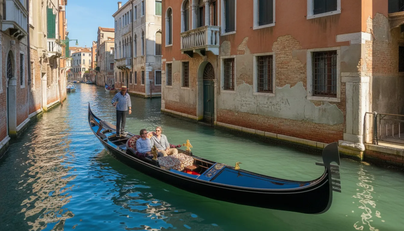 A black gondola on a canal in Venice, Italy, with old colorful buildings lining the waterway.