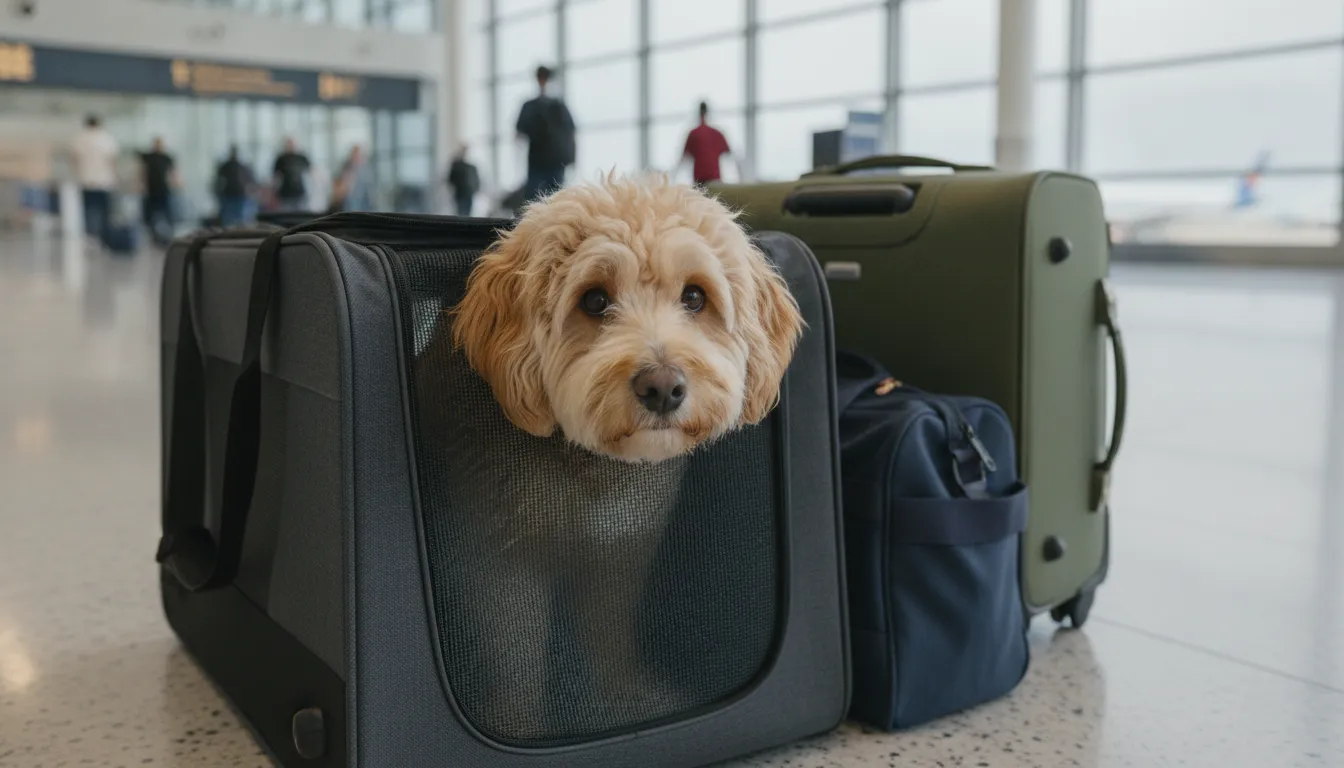 Small dog inside a travel pet carrier at an airport
