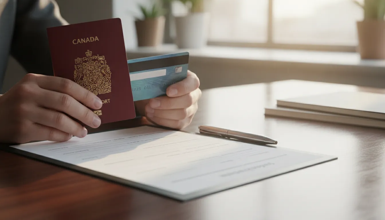 Hands holding a Canadian passport and a credit card over a bank account application.