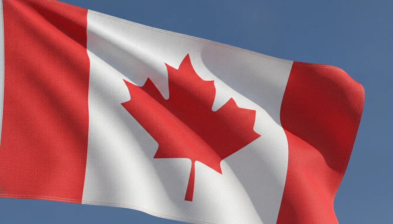 Canadian flag waving in the breeze against a blue sky.