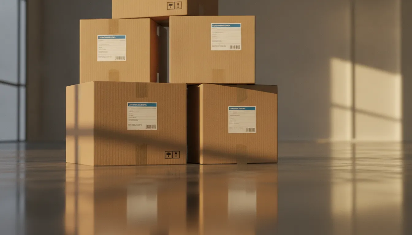 Stack of moving boxes with customs forms, ready for shipment.