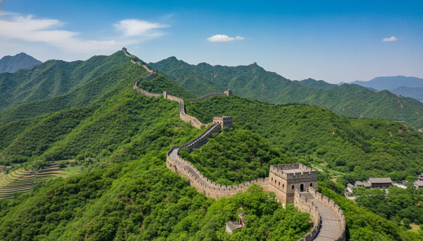 The iconic Great Wall of China snaking through mountains.