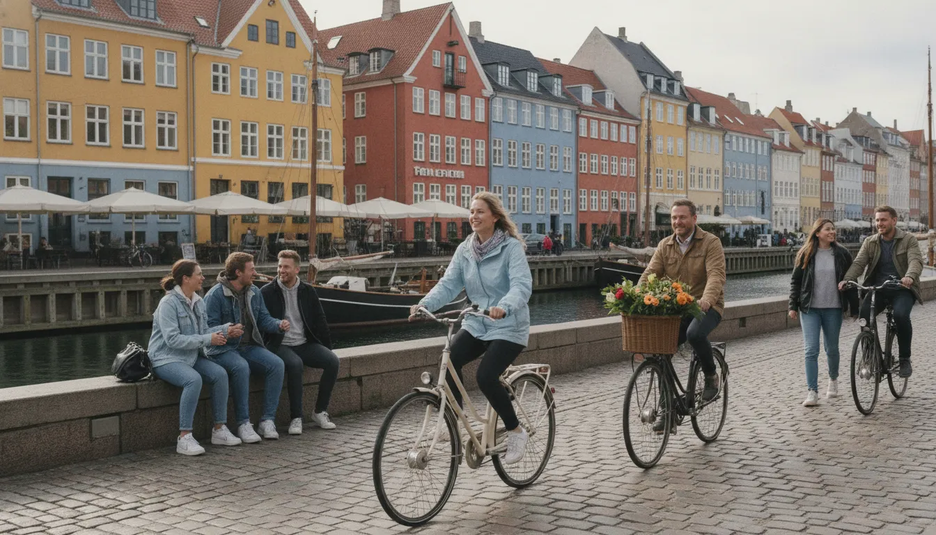 A busy street in Copenhagen with people and bikes, alongside a canal