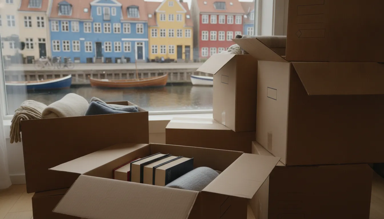 Moving boxes in a living room, ready for relocation to Denmark