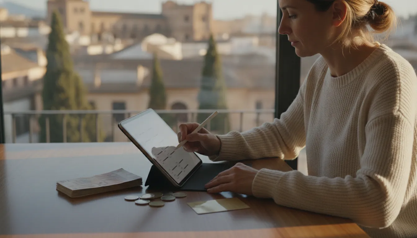 Person checking a financial checklist on a tablet with Euros