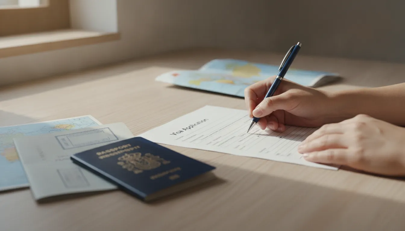 Hands filling out a Spanish visa application form