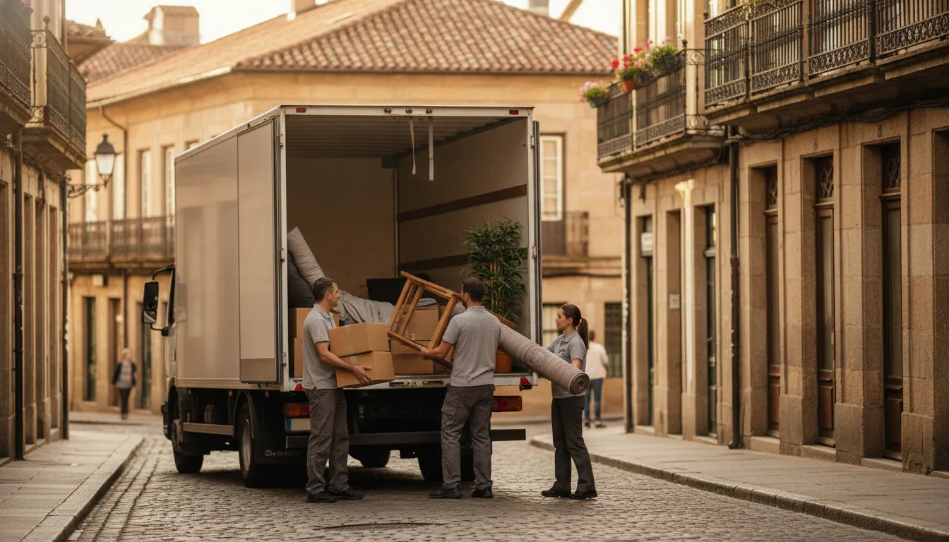 Removal truck being loaded with moving boxes and furniture