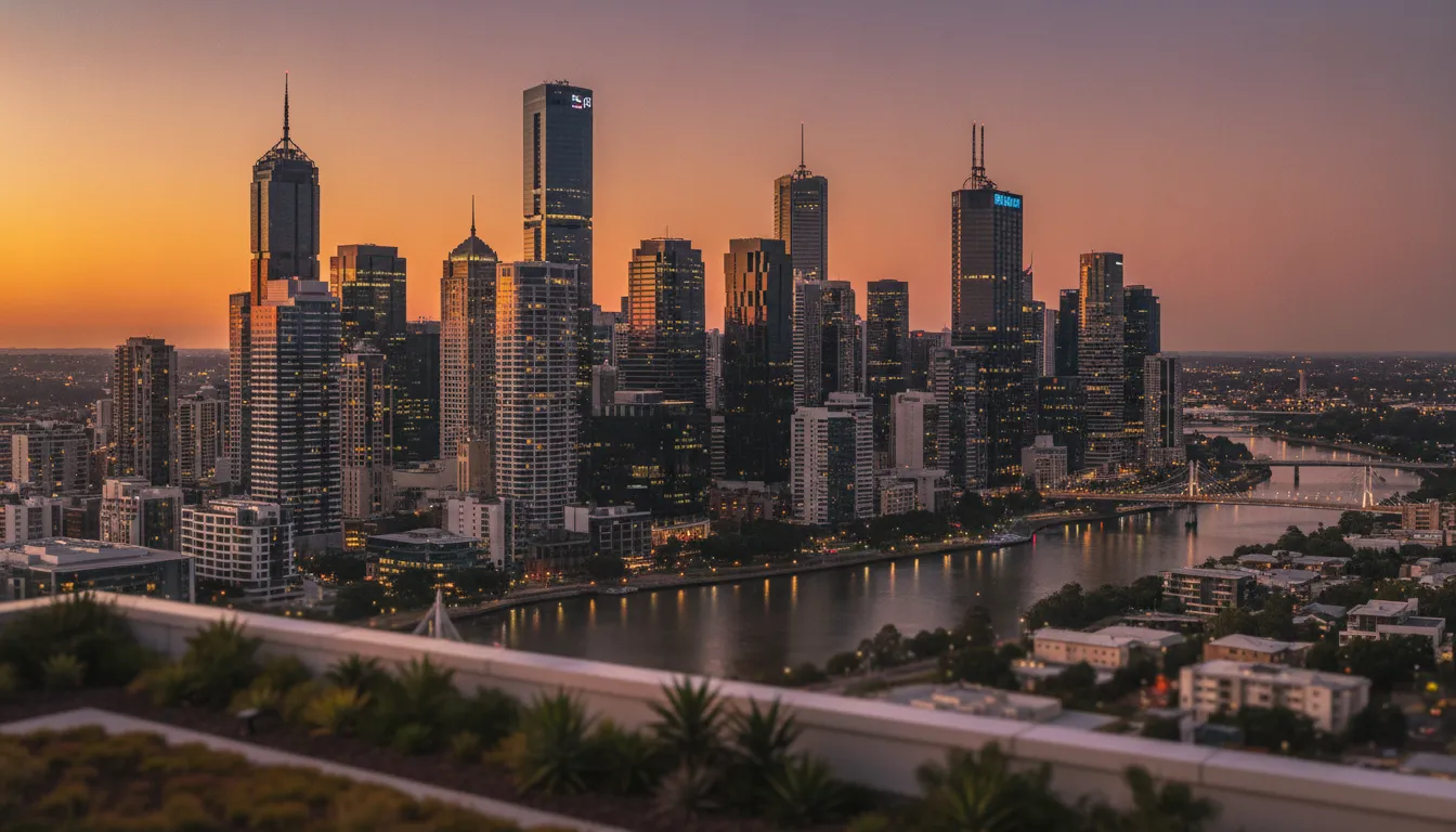 A panoramic view of a modern Australian city skyline at sunset.