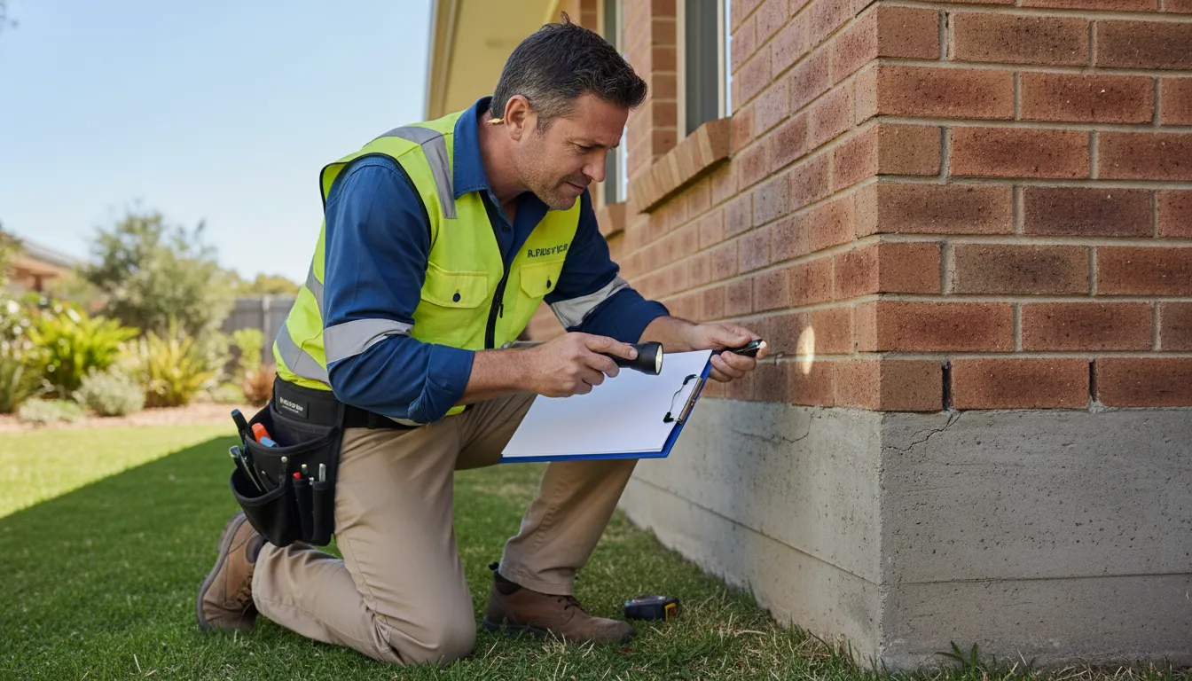 A building inspector examining the exterior of an Australian house during a pre-purchase inspection.