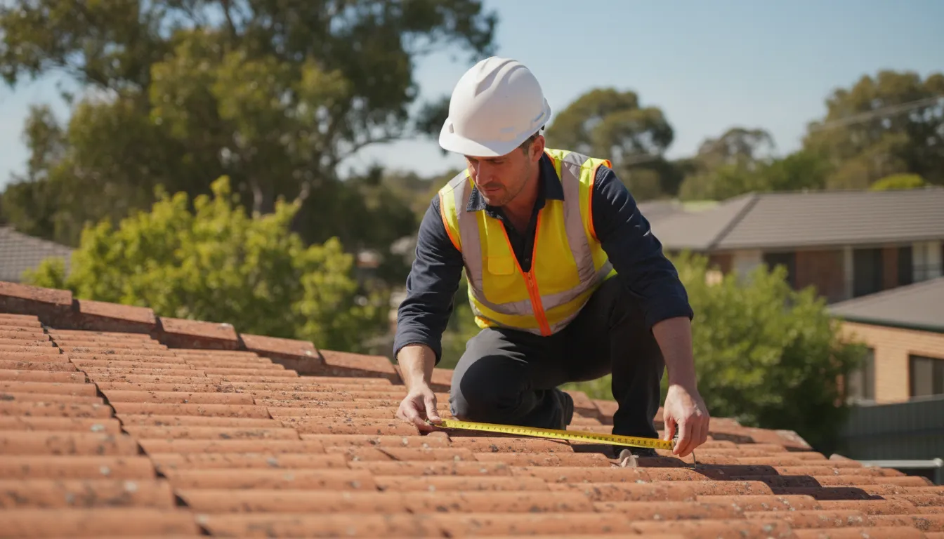 A building inspector in safety gear inspecting the roof of an Australian home.