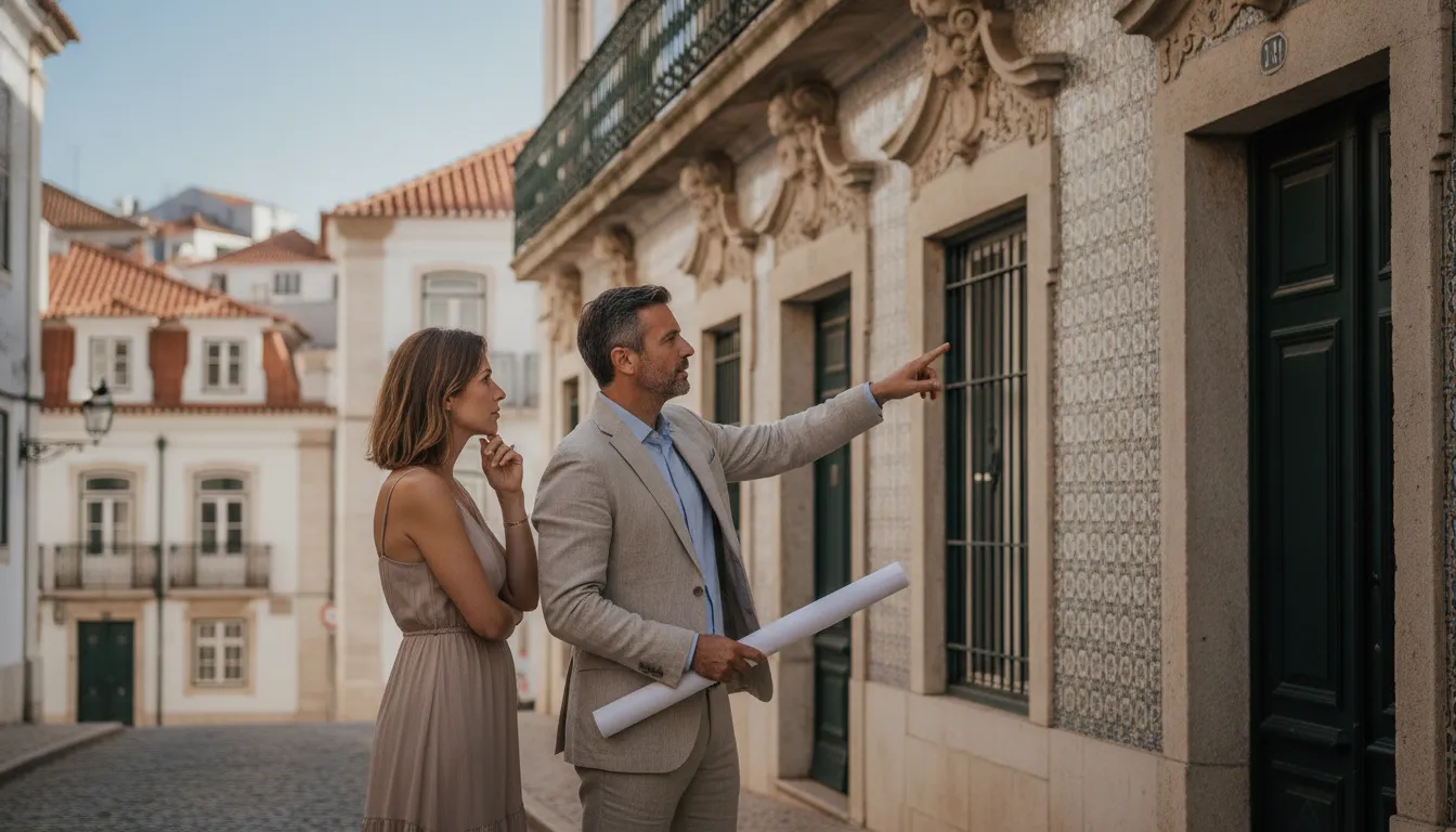 An architect showing structural details of an old Portuguese building to a potential buyer.