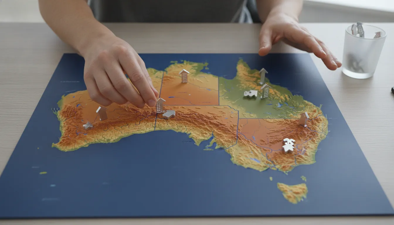 Map of Australia with states highlighted and financial indicators