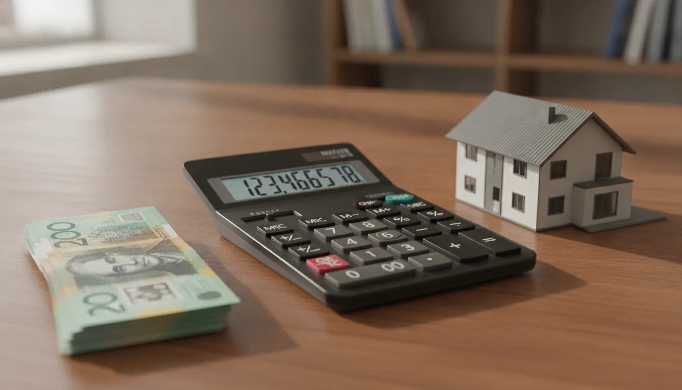 A calculator, Australian dollars, and a miniature house representing property valuation costs.