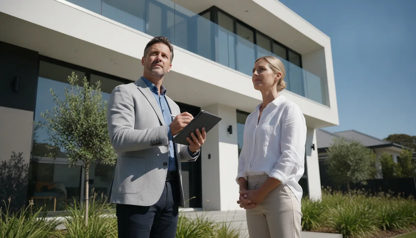 A professional property valuer inspecting a house, taking notes on a tablet.