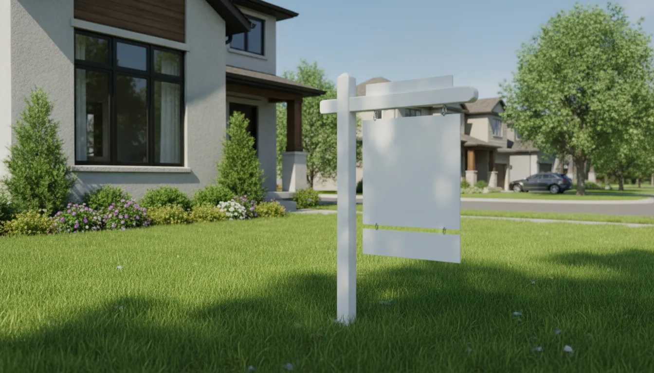 A split image showing a bank and a house with a for sale sign, illustrating mortgage and pre-sale valuations.