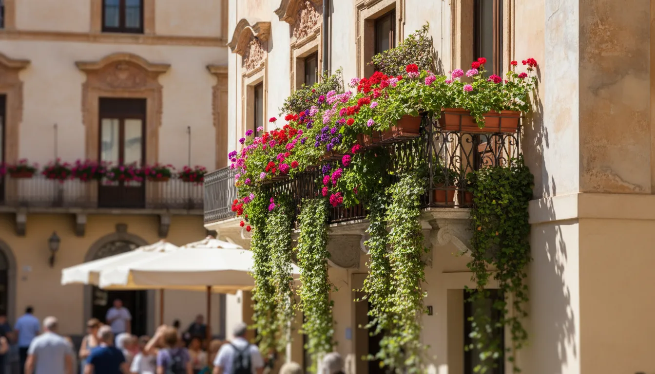 A beautiful Italian apartment balcony with flowers, overlooking a street.