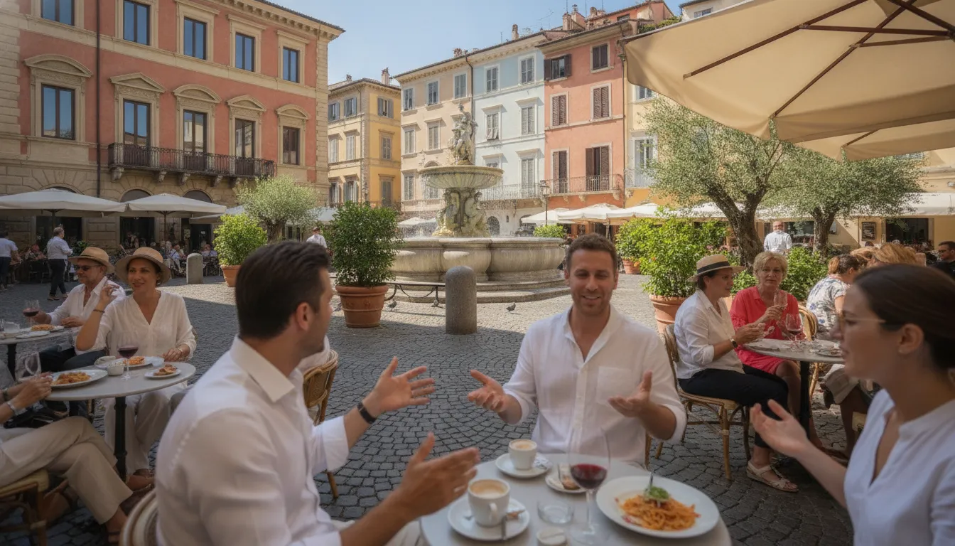 A lively Italian city square with people and historic buildings.