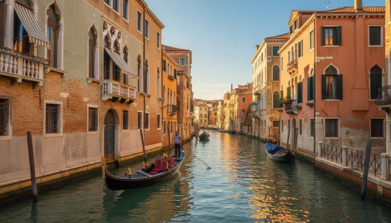A classic Venetian canal scene with a gondola and old buildings.