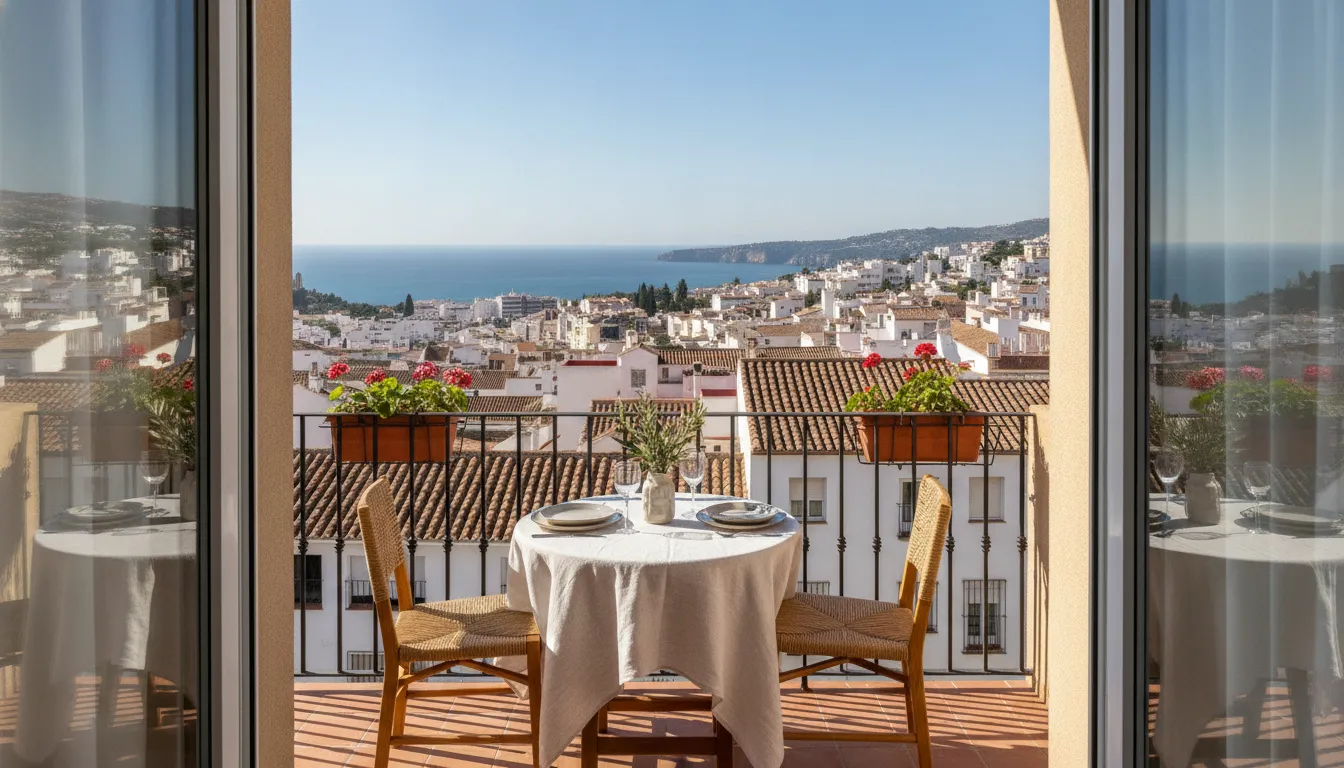 Sunny balcony of a Spanish apartment overlooking the city