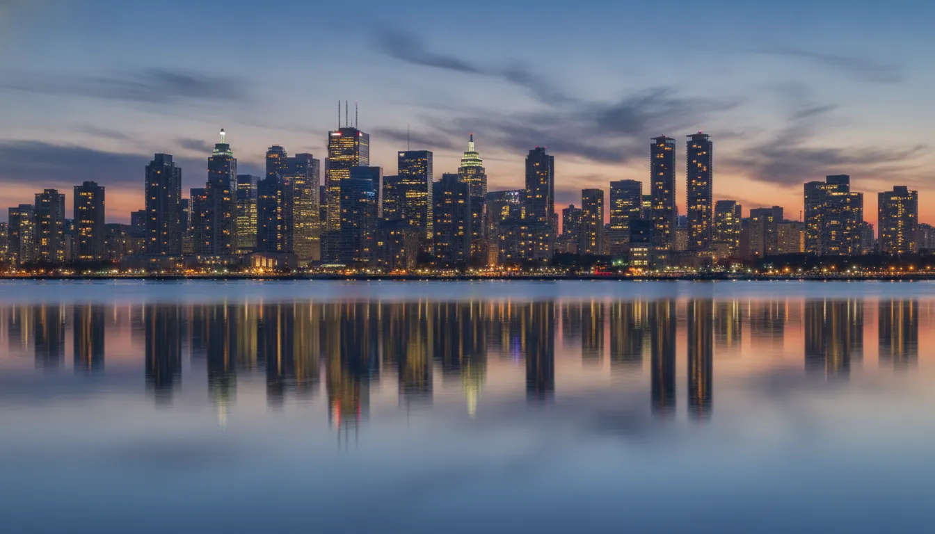 Modern Canadian city skyline at dusk reflected in water