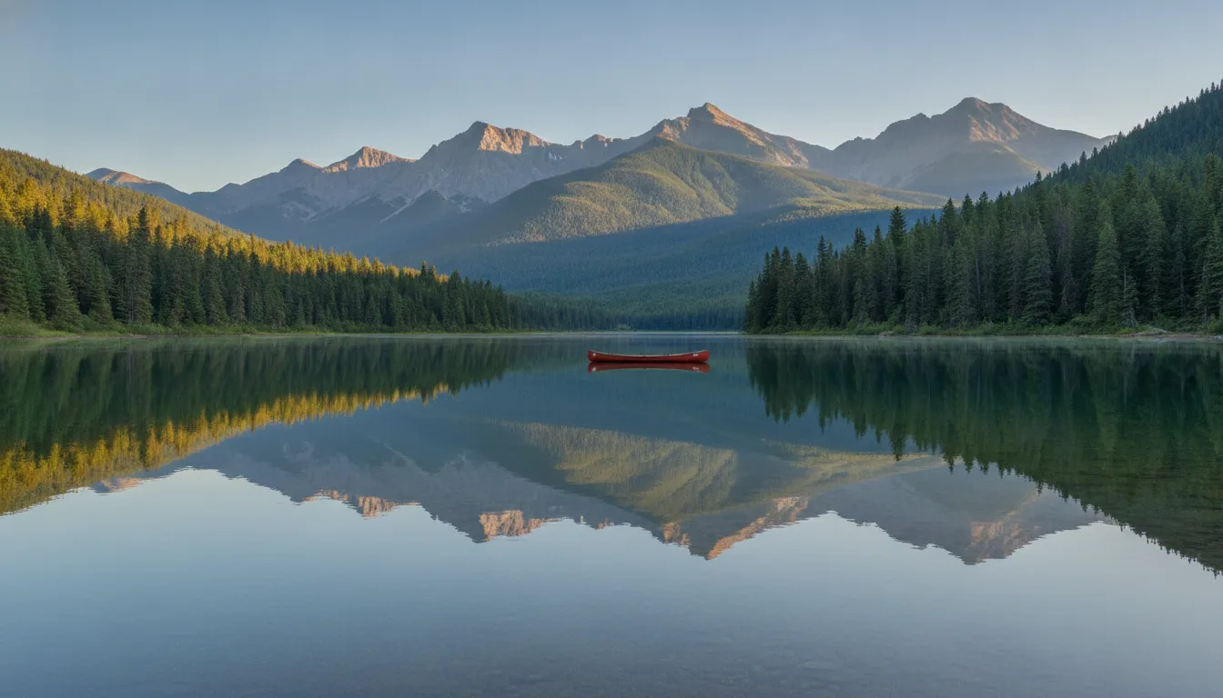 Calm lake in Canada with reflections of forests and mountains