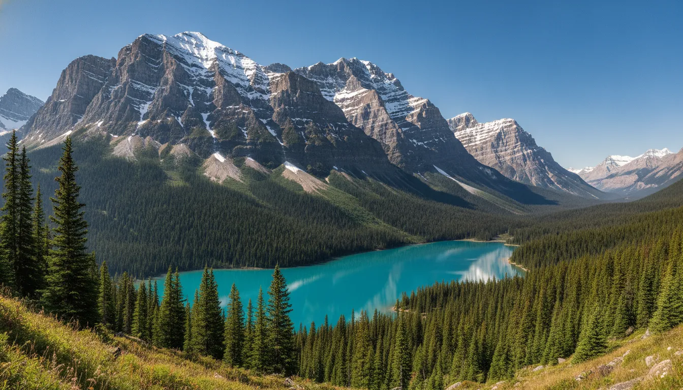 Snow-capped Rocky Mountains under a clear blue sky