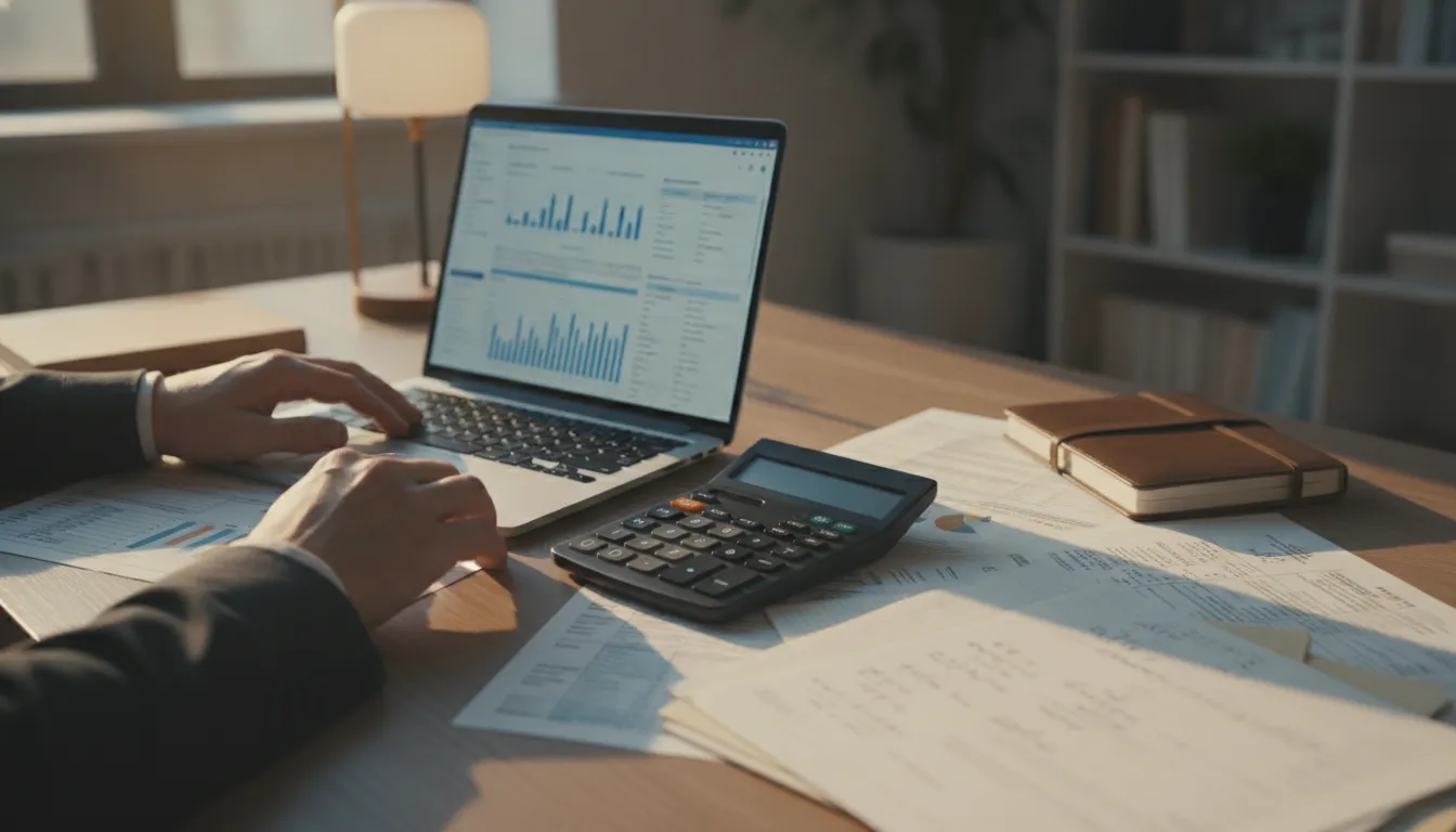 Hands using a calculator or tax software on a laptop, with tax documents nearby.