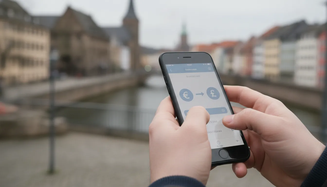 Hands using a money transfer app on a smartphone, showing euro and pound currencies