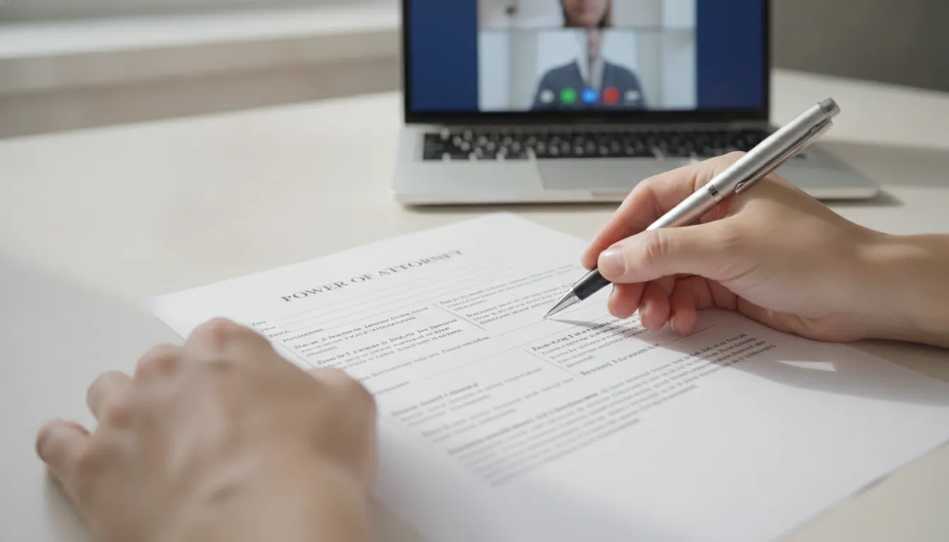 Close-up of hands signing a power of attorney document with German text